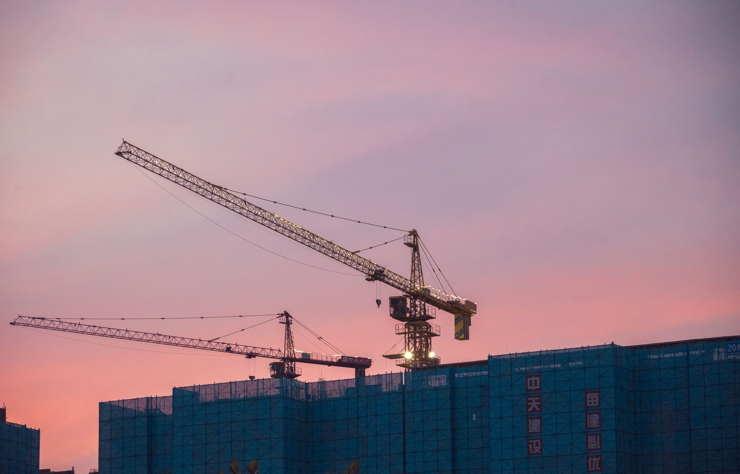 Grues de construction au coucher du soleil